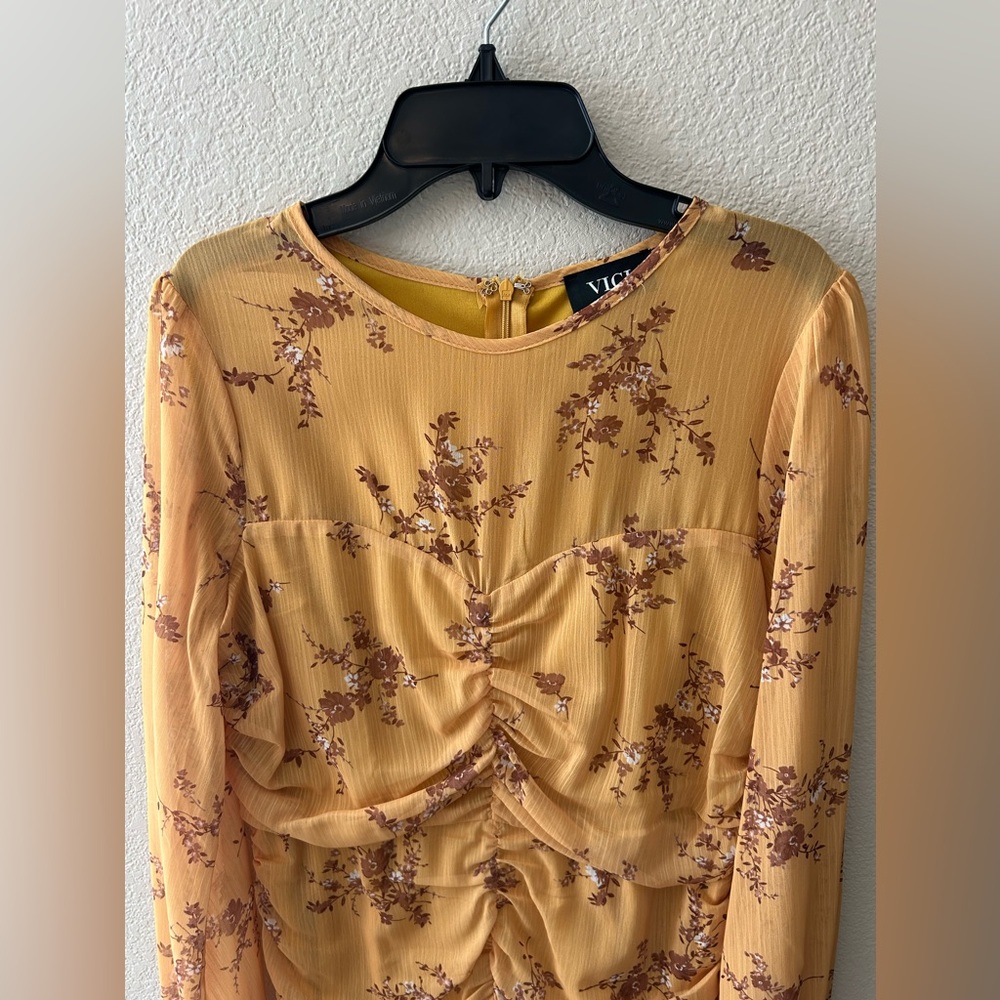 Vici Collection Floral Ruched Long Sleeve Minidress In Mustard Size Medium - Picture 5 of 10